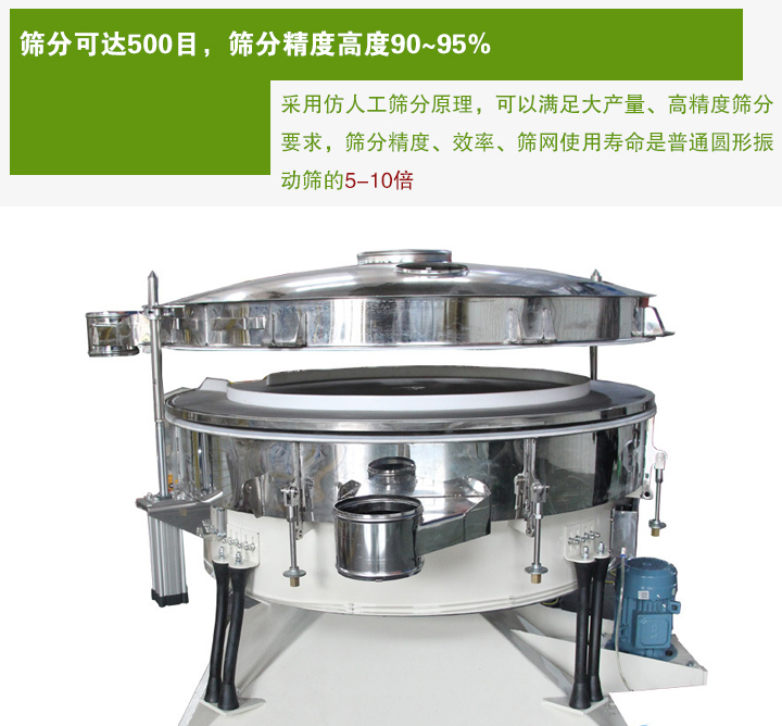搖擺篩分機采用仿人工篩分原理，可以滿足大產(chǎn)量、高精度篩分 要求，篩分精度、效率、篩網(wǎng)使用壽命是普通圓形振 動篩的5-10倍