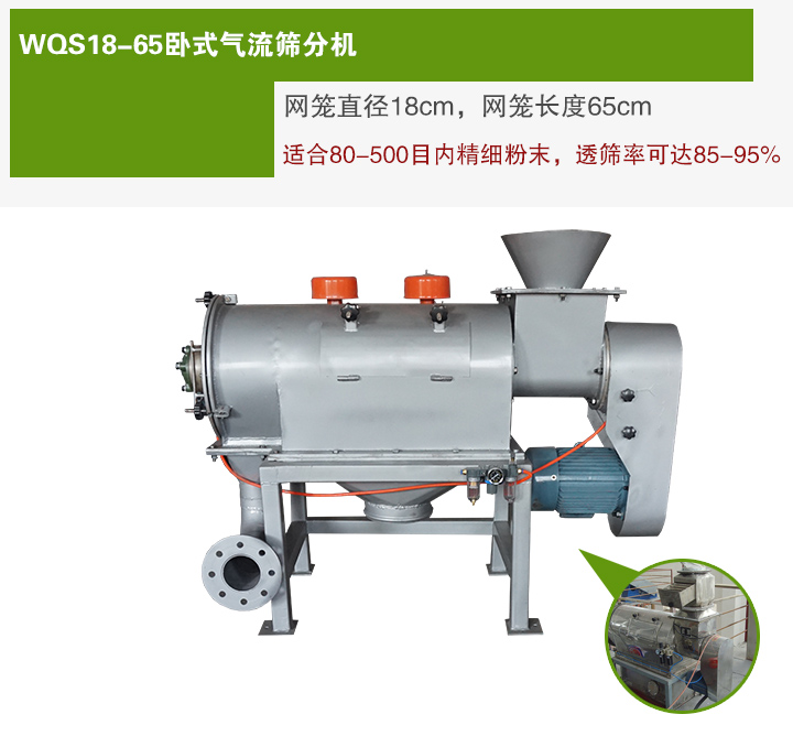 WQS18-65臥式氣流篩分機(jī)網(wǎng)籠直徑為18cm，網(wǎng)籠長(zhǎng)度為65cm